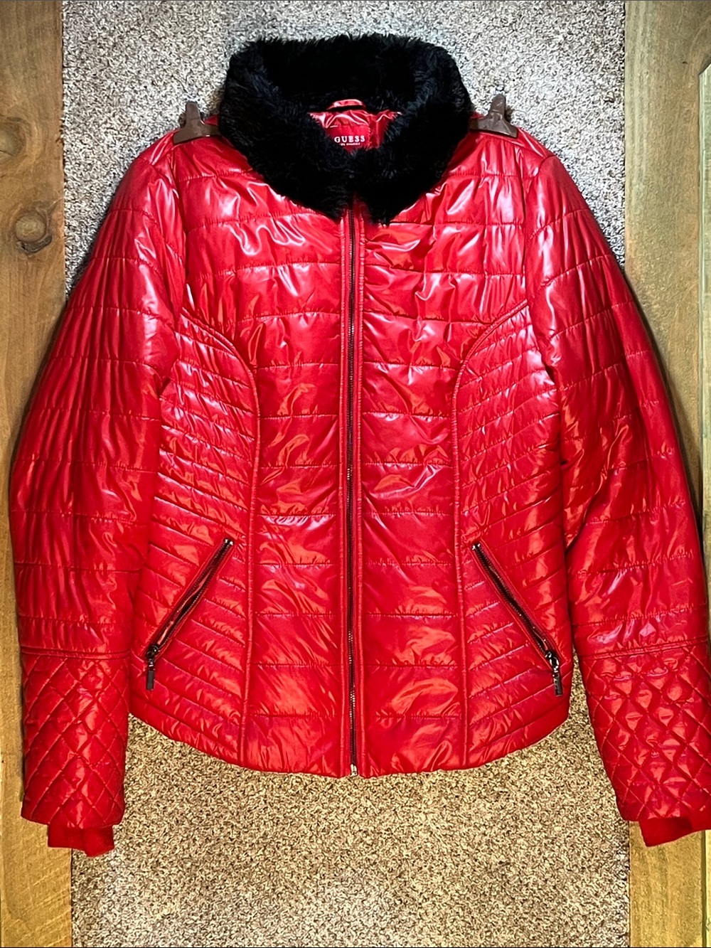 GUESS Red Quilted Puffer Jacket with Black Faux Fur Collar